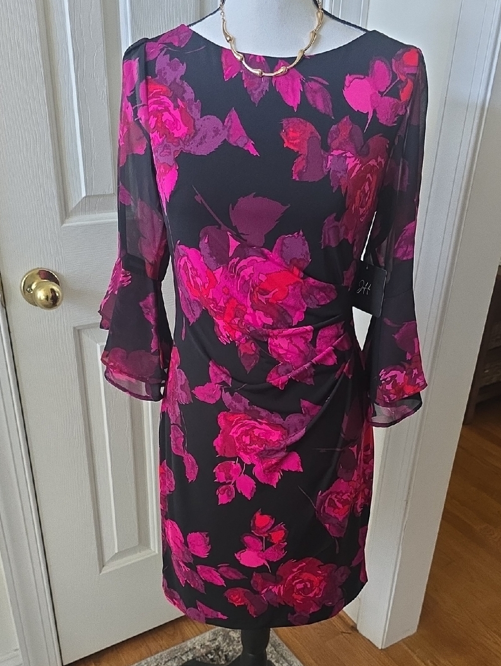 JH BRAND GORGEOUS WOMEN'S BLACK & PINK FLORAL DRESS PLUS SIZE 4